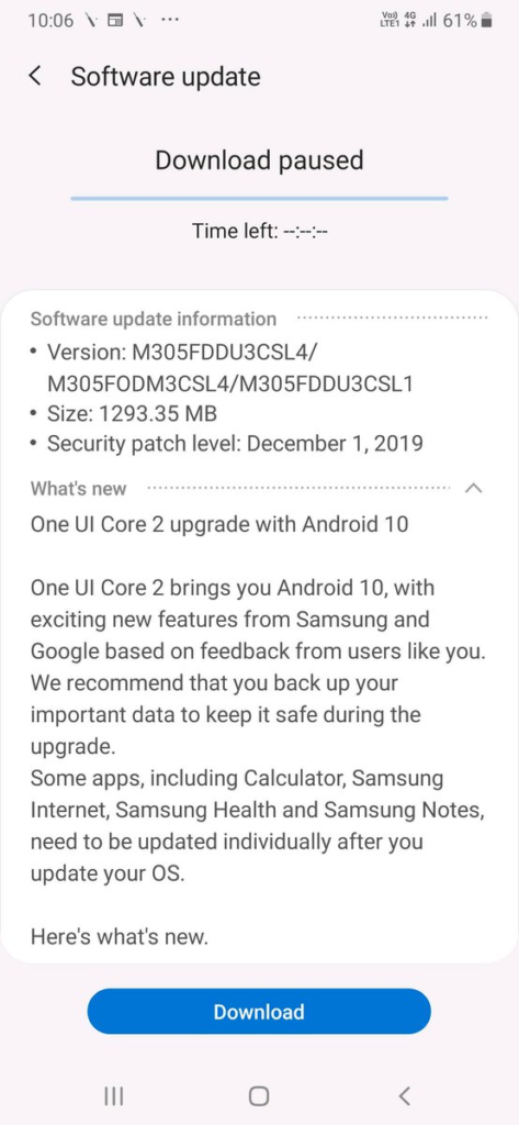 mise à jour galaxy samsung  m20 m30 oneui 2 core android 10