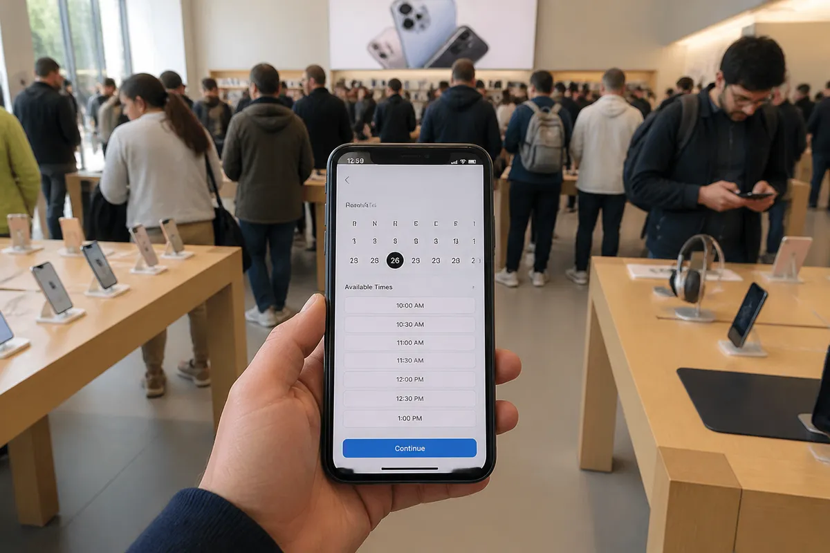 Clients consultant l'interface de réservation en ligne d'Apple Store sur leurs téléphones pour accéder à l'iPhone en magasin.
