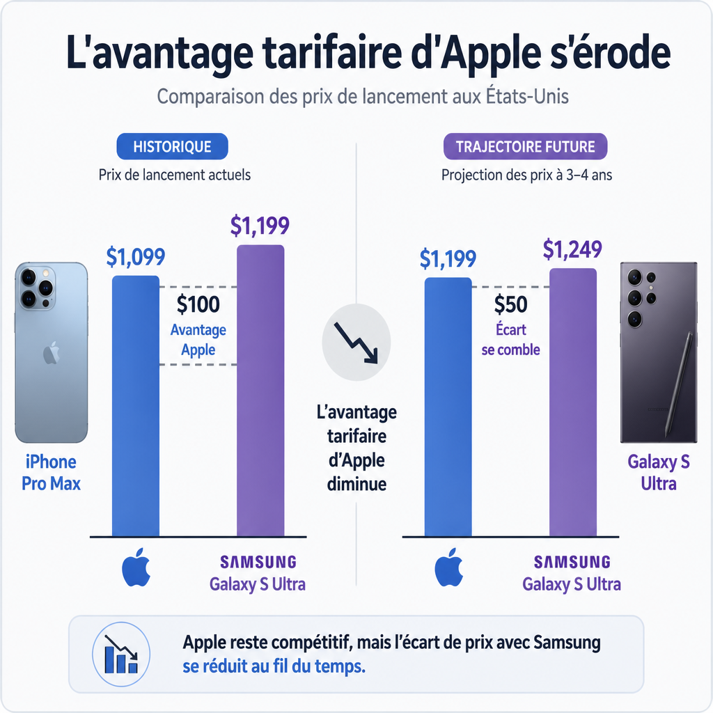 Comparaison visuelle : l'écart de prix historique entre iPhone Pro Max et Galaxy S Ultra se réduit, menaçant l'avantage concurrentiel d'Apple.