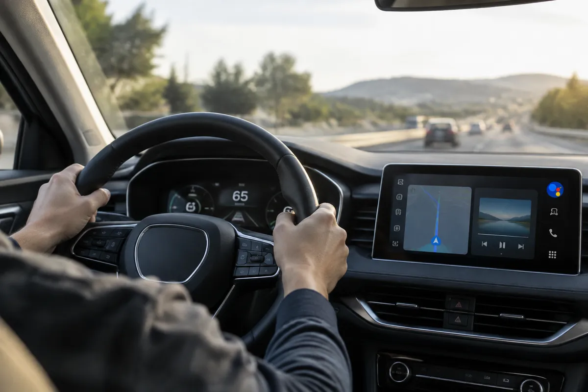 Conducteur tenant le volant avec l'icône Gemini visible sur l'écran du tableau de bord pour activation vocale mains libres.