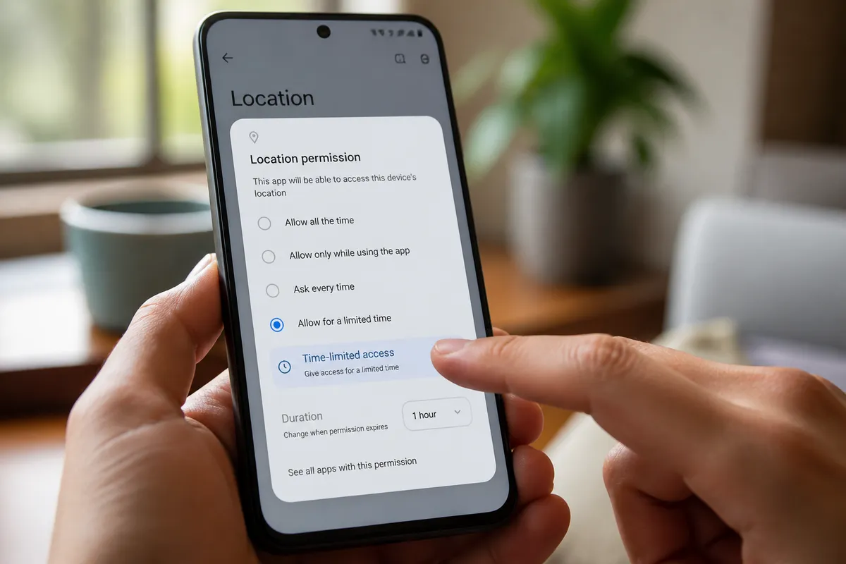 Écran Android montrant les paramètres de permission de localisation temporaire avec l'interface de confidentialité.