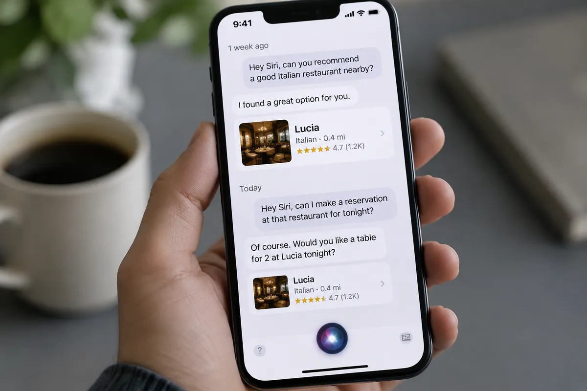 Écran de smartphone affichant Siri avec l'historique de conversations liées sur un restaurant recommandé précédemment.