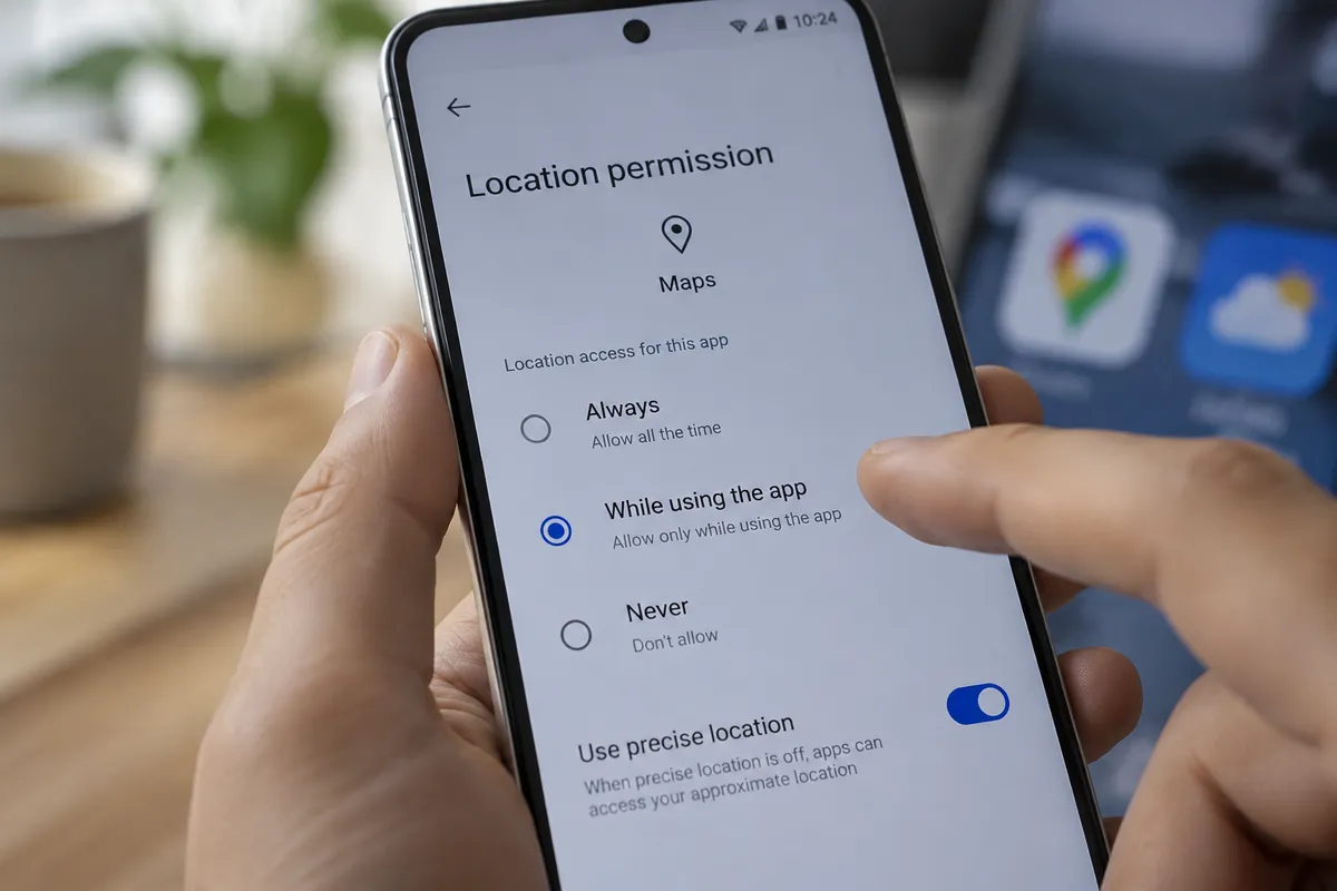 Écran de téléphone affichant les paramètres de localisation avec l'option « Lors de l'utilisation » sélectionnée.