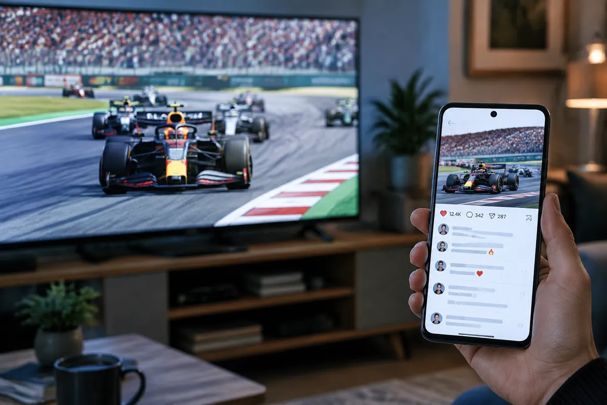 Écran TV montrant une course F1 vs smartphone avec métriques d'engagement sur les réseaux sociaux.