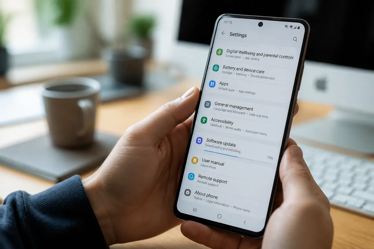 Gros plan d'un smartphone affichant le menu des mises à jour système dans les paramètres.