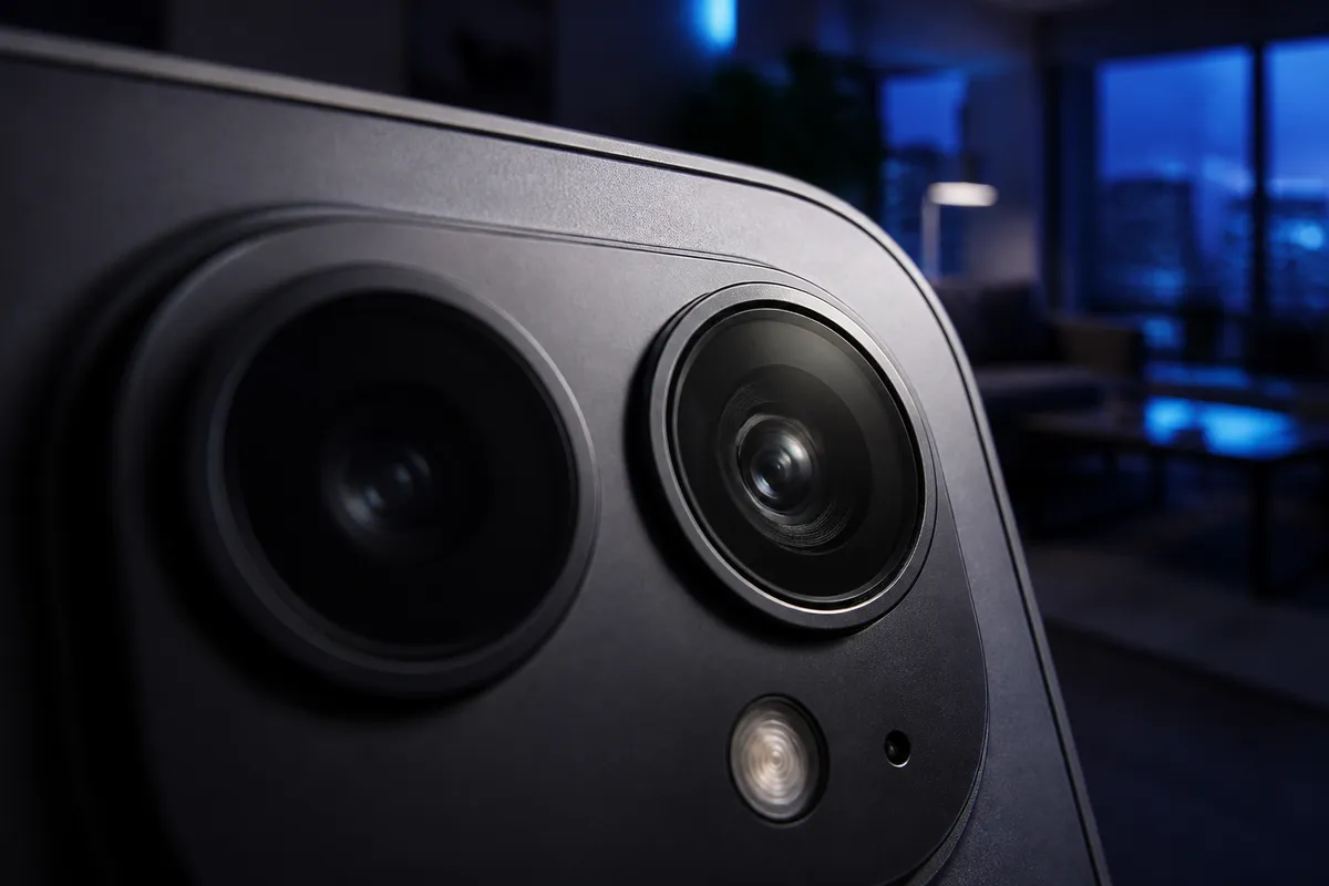Gros plan des objectifs d'un smartphone montrant la faiblesse du capteur ultra grand-angle en basse lumière.