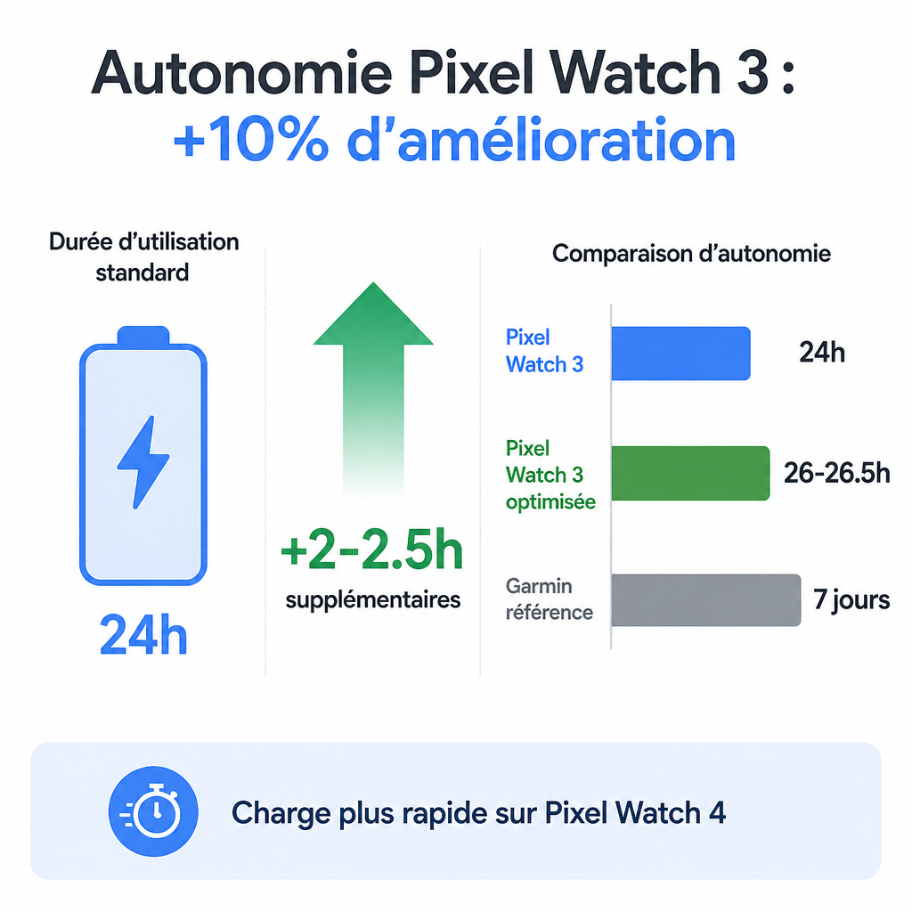 Infographie autonomie Pixel Watch 3 : amélioration 10%, passant de 24h à 26-26.5h, avec comparaison Garmin 7 jours.