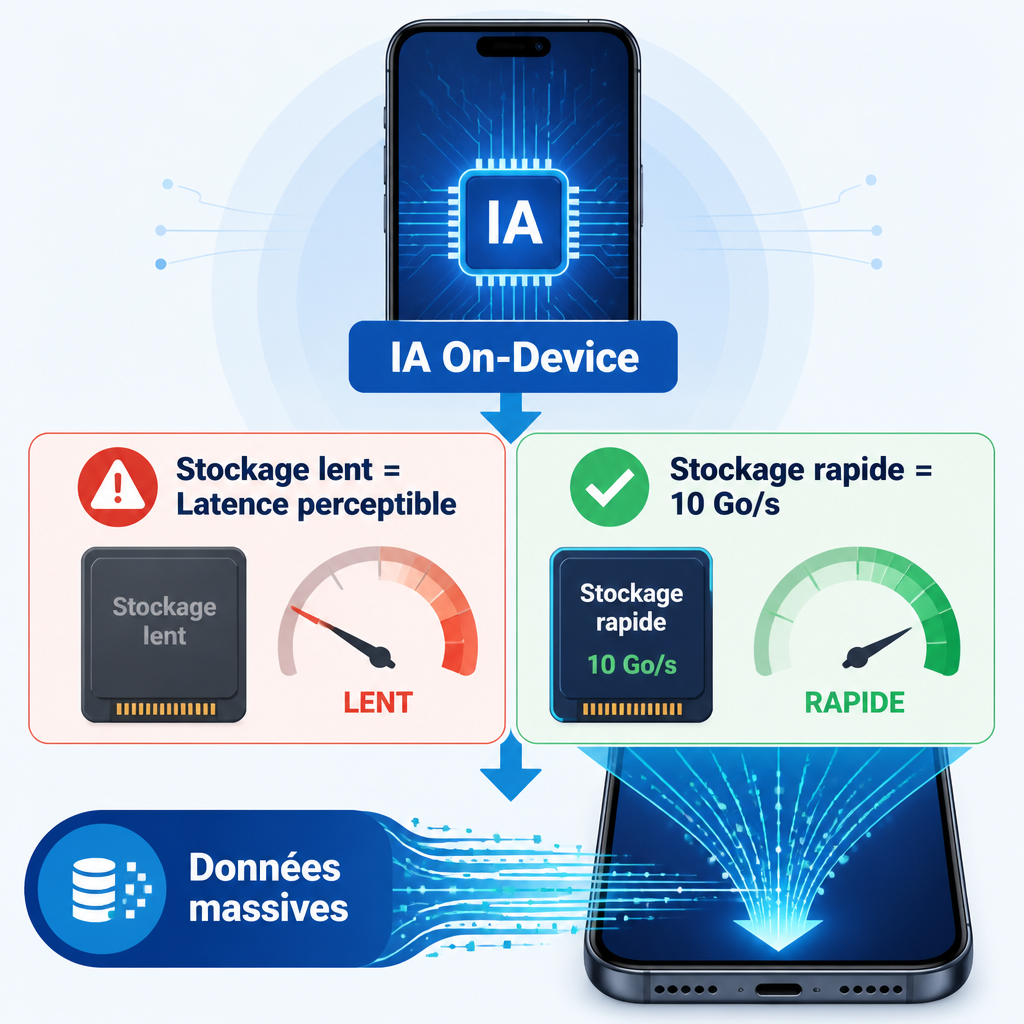 Infographie : comparaison entre stockage lent et rapide pour l'IA on-device, avec débits de 10 Go/s.