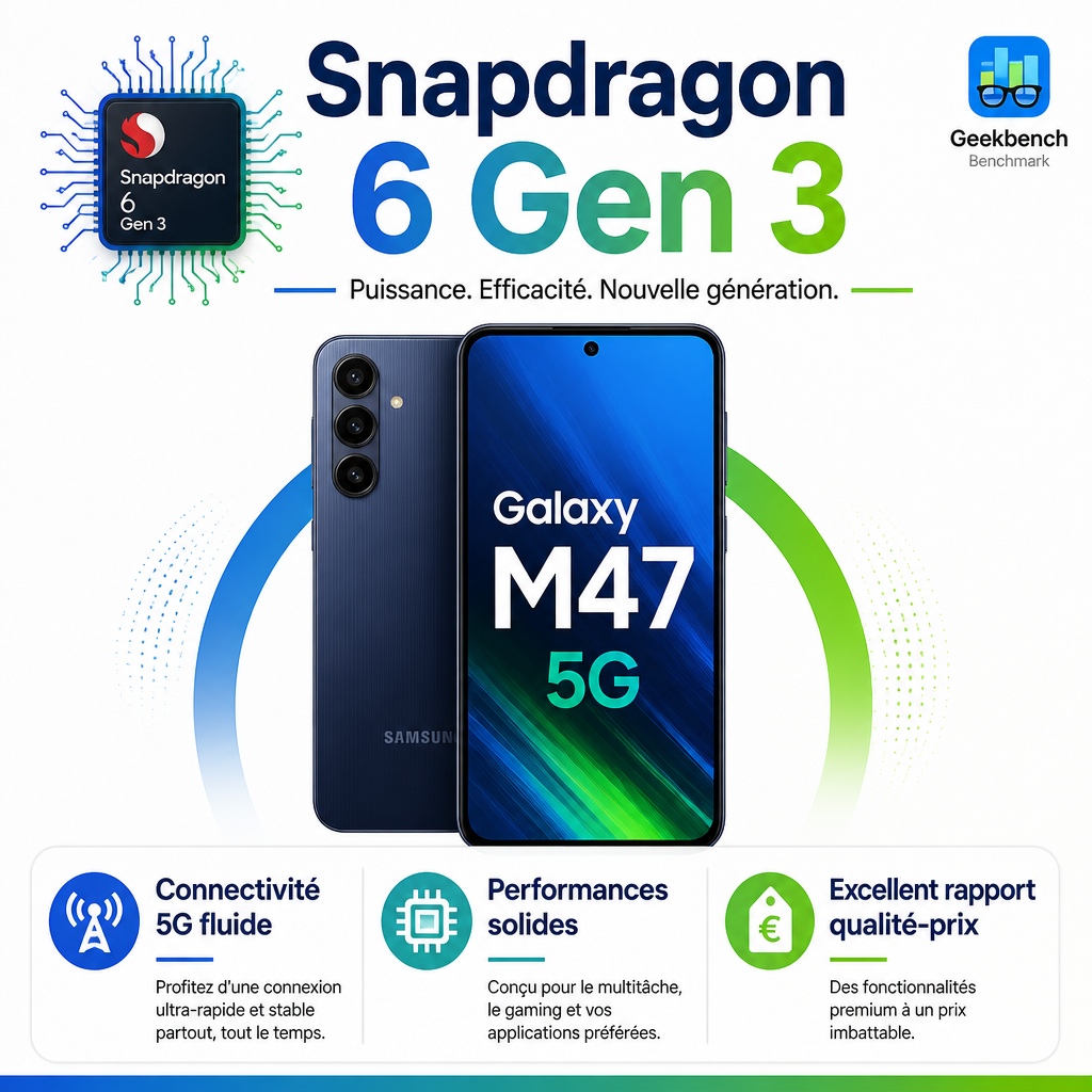 Infographie du Galaxy M47 5G avec processeur Snapdragon 6 Gen 3, mettant en avant la 5G, les performances et le tarif compétitif.