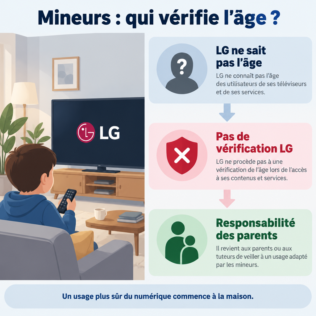 Infographie expliquant que LG collecte les données sans vérifier l'âge et que la responsabilité incombe aux parents.