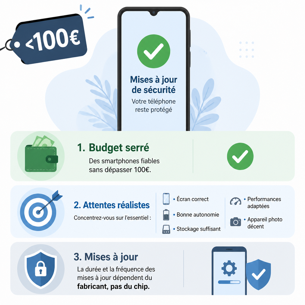 Infographie montrant achat smartphone < 100€ : attentes réalistes, mises à jour dépendent du fabricant.