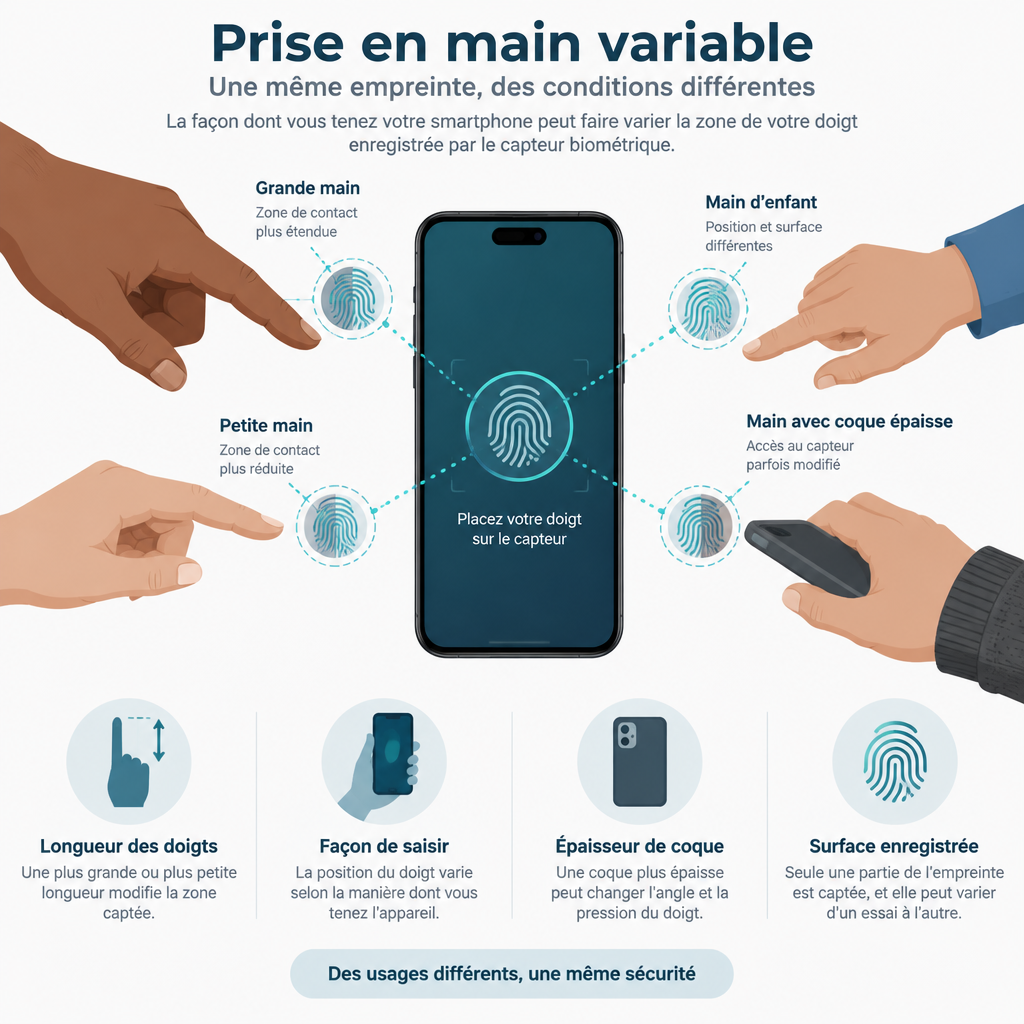 Infographie montrant comment la prise en main d'un smartphone varie selon la taille des mains et l'équipement utilisé.