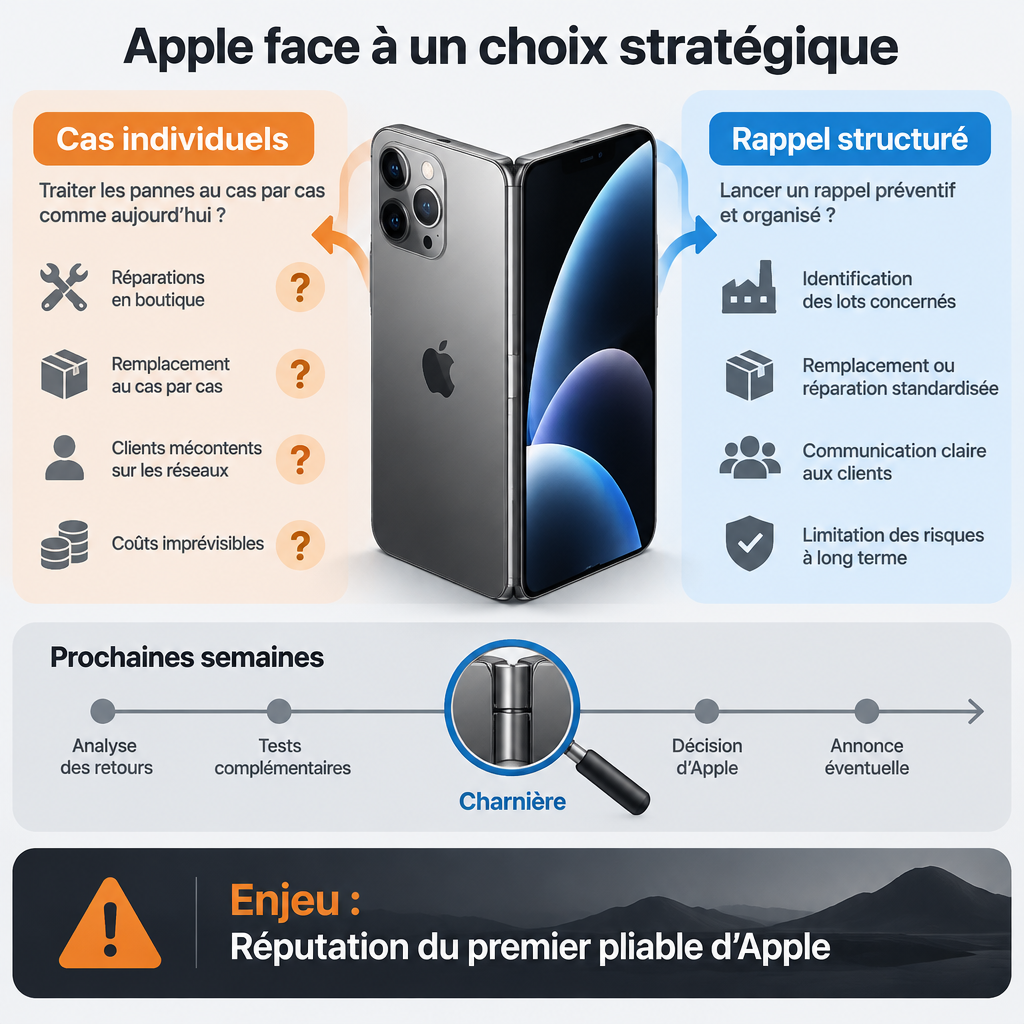 Infographie montrant deux stratégies d'Apple face aux problèmes de charnière de son téléphone pliable.