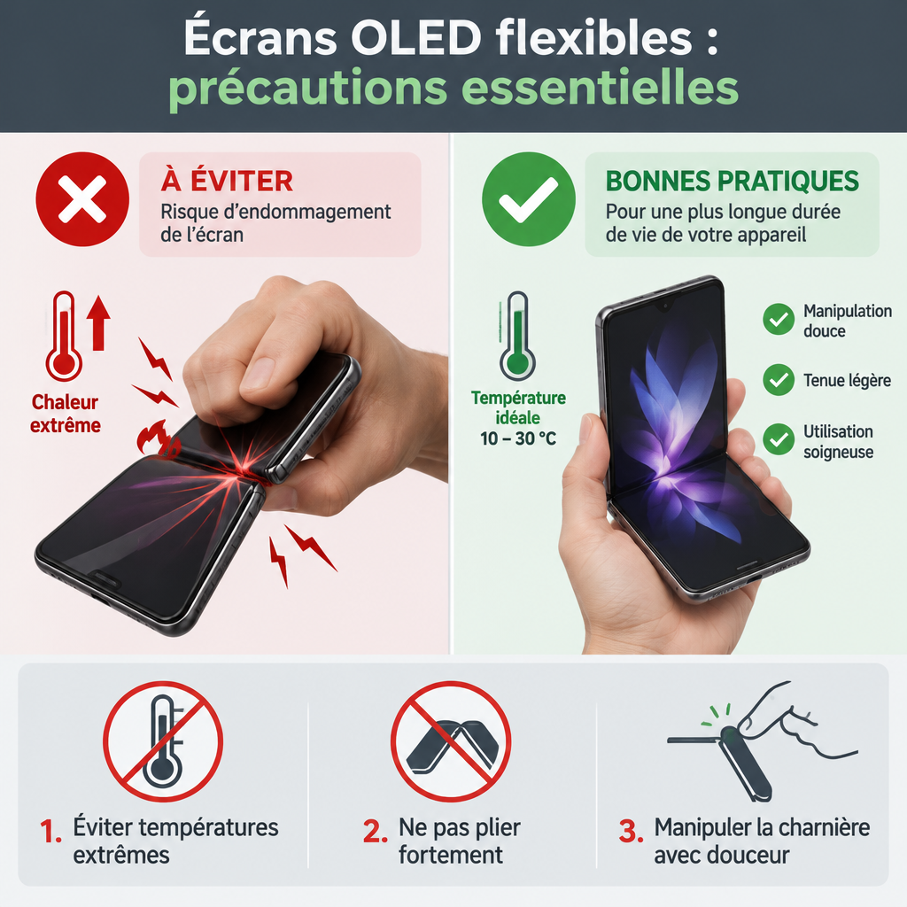 Infographie montrant les bonnes et mauvaises pratiques pour soigner un téléphone OLED pliable