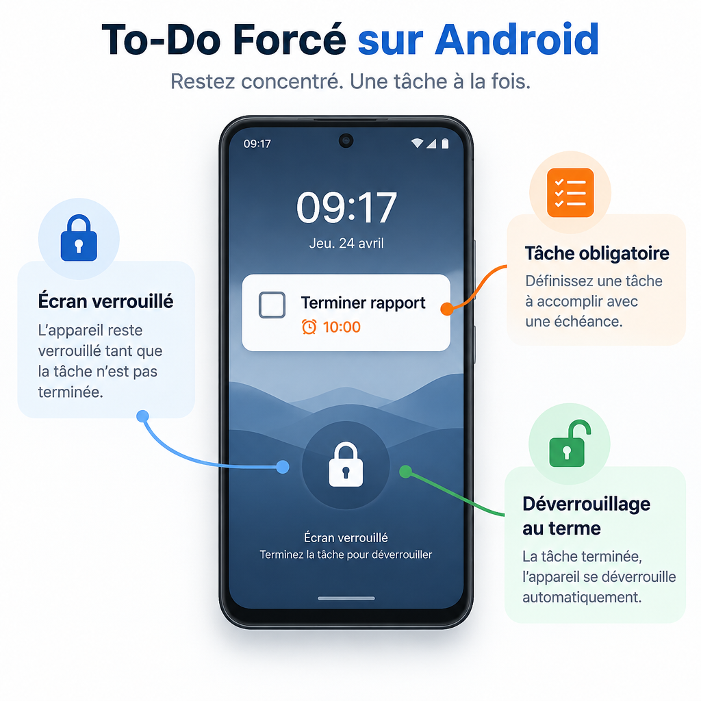 Infographie montrant un smartphone Android avec écran verrouillé, tâche forcée et alarme liée. Trois étapes visuelles expliquent le fonctionnement du to-do forcé.