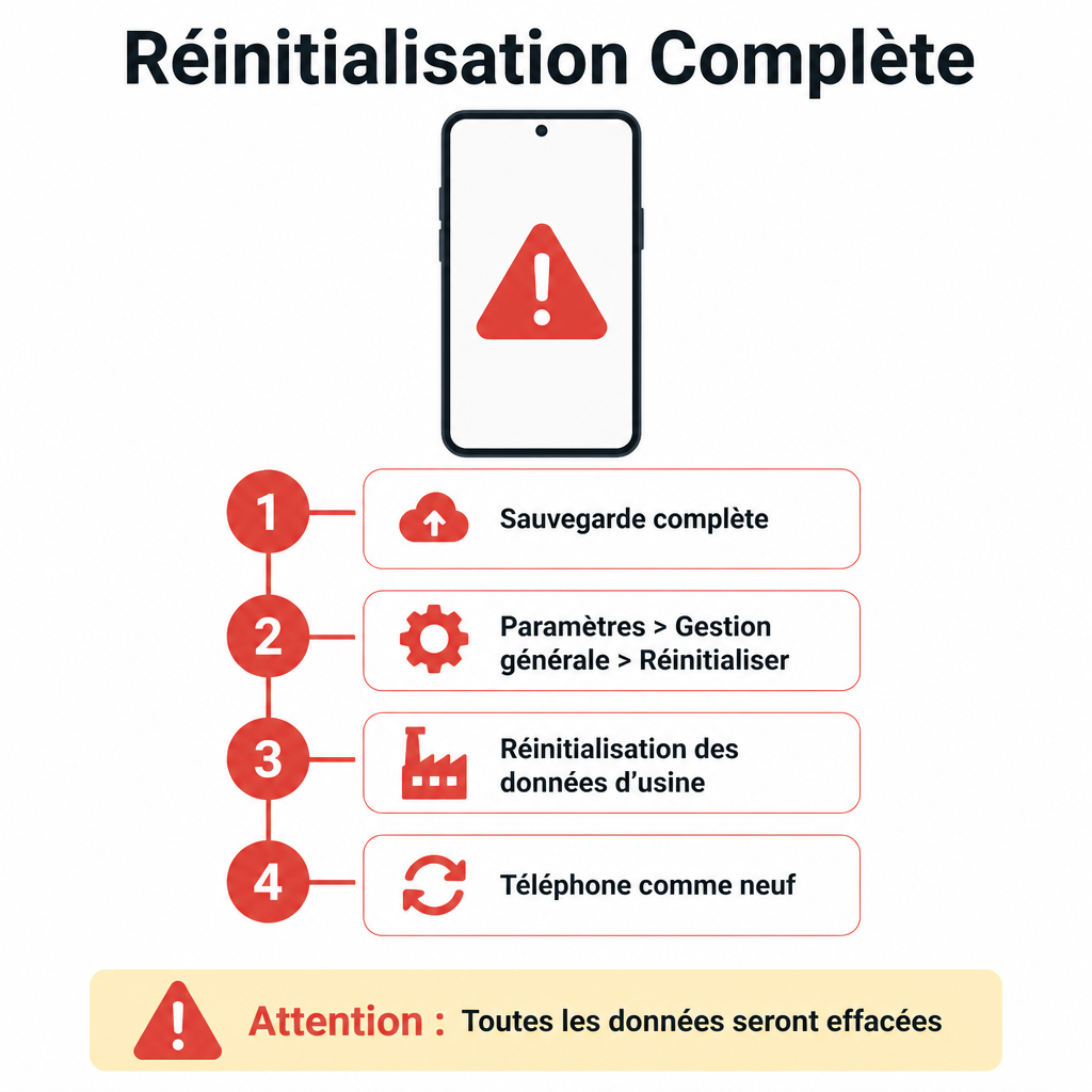 Infographie : processus de réinitialisation complète d'un téléphone Samsung en 4 étapes avec avertissement.