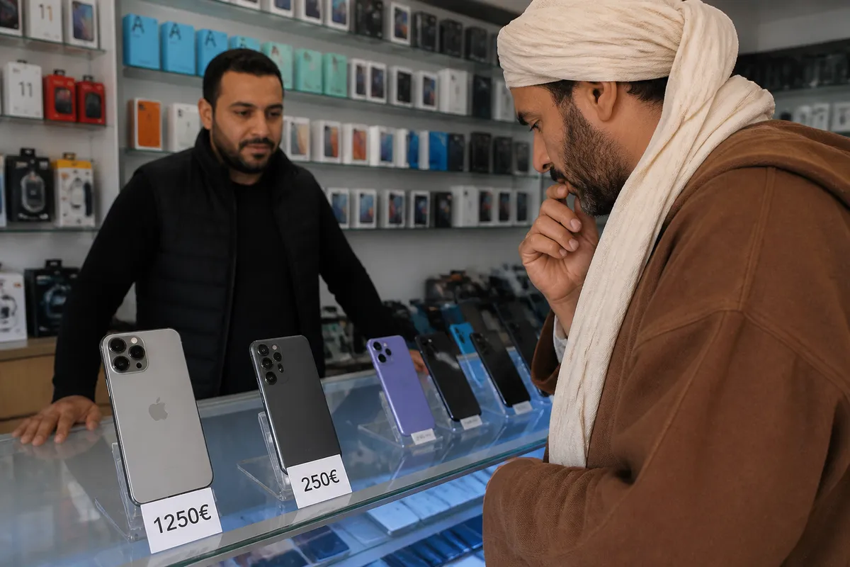 Magasin électronique au Maghreb : vendeur présentant des téléphones avec affichage de prix élevés pour iPhone.