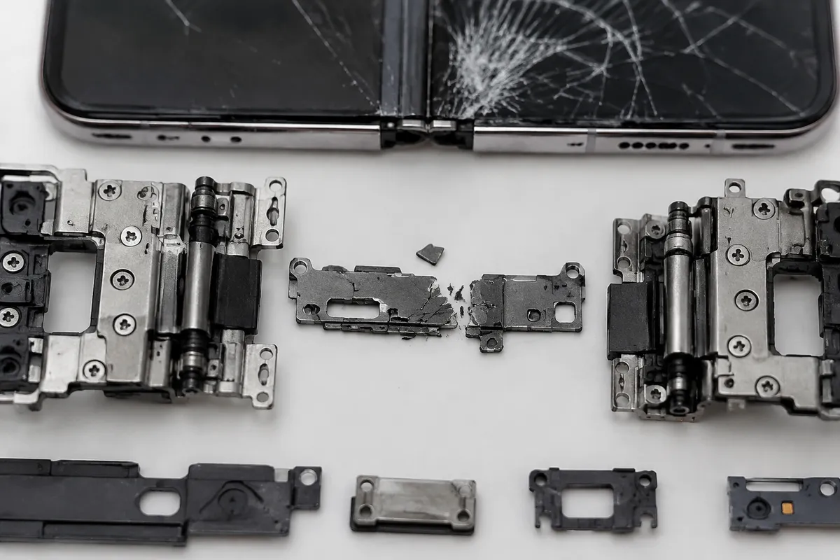Mécanisme de charnière de téléphone pliant démontée montrant un composant brisé au centre et l'écran endommagé.