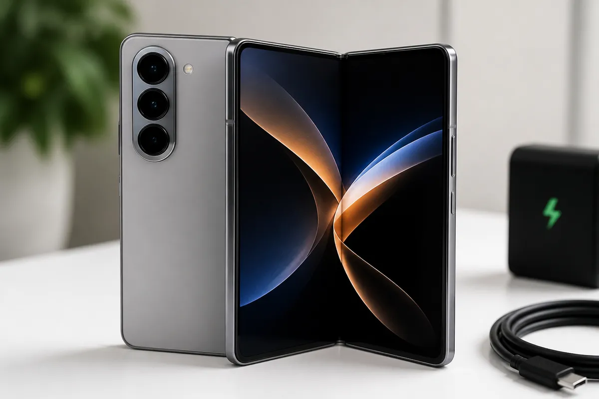 Smartphone haut de gamme plié ouvert avec module photo multi-objectifs et câble de charge rapide.