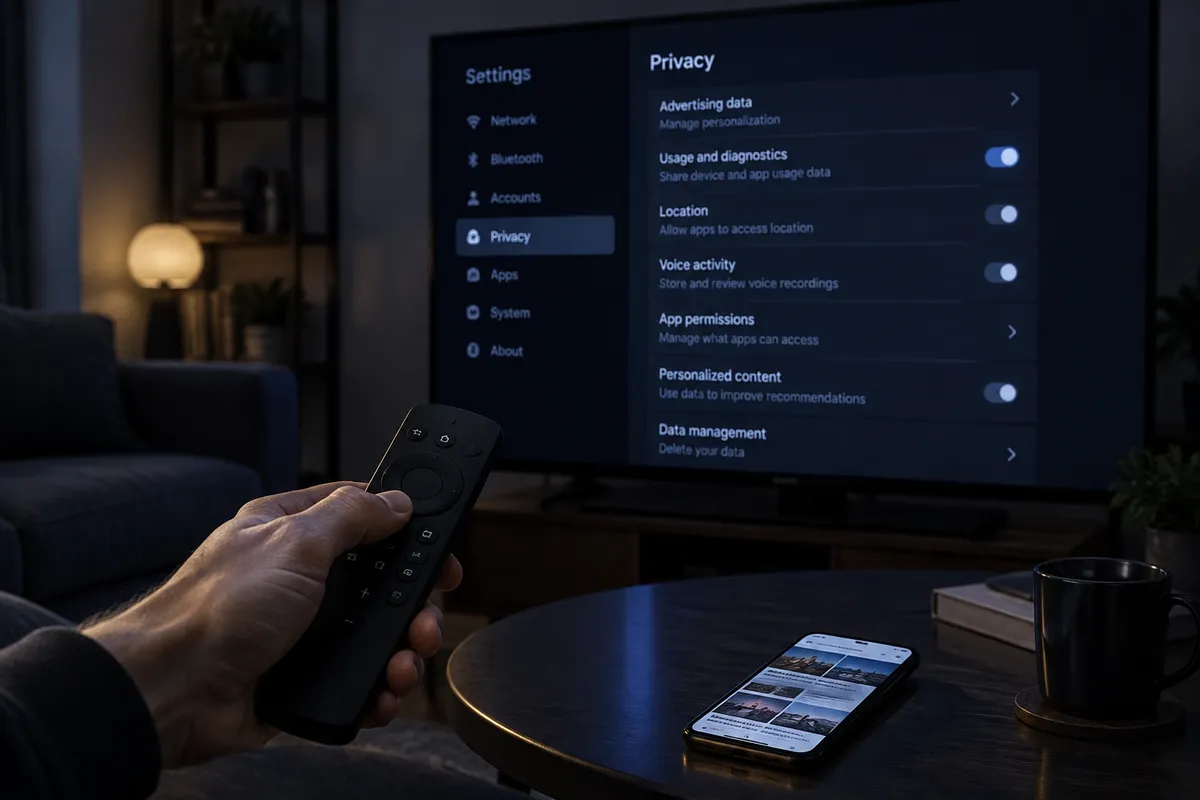 Télécommande de TV intelligente en main, menus de paramètres confus à l'écran dans une pièce sombre.