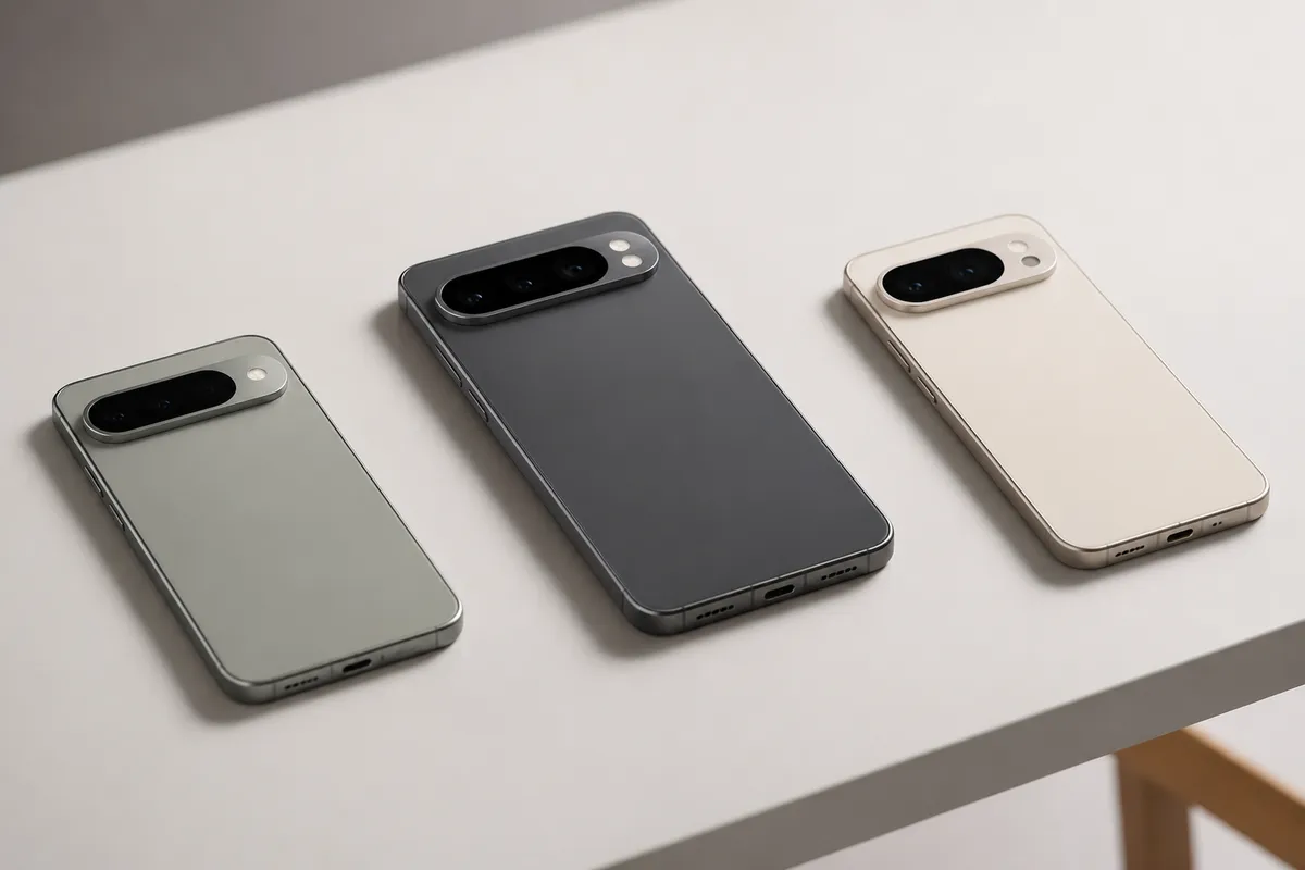 Trois silhouettes de smartphones alignés sur fond blanc, évoquant une gamme de produits en développement.