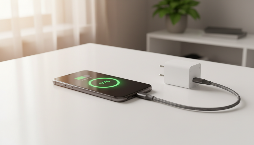 Smartphone en charge rapide avec chargeur GaN USB-C sur un bureau