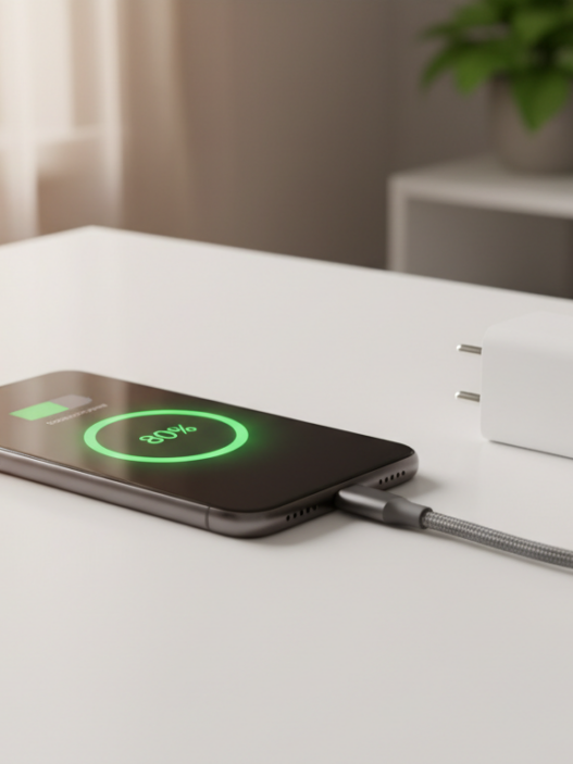 Smartphone en charge rapide avec chargeur GaN USB-C sur un bureau