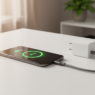 Smartphone en charge rapide avec chargeur GaN USB-C sur un bureau