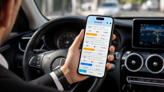 Un chauffeur VTC en costume consulte la liste de ses transferts du jour sur l'application Droovi Driver, au volant de sa Mercedes