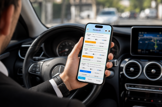 Un chauffeur VTC en costume consulte la liste de ses transferts du jour sur l'application Droovi Driver, au volant de sa Mercedes