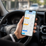 Un chauffeur VTC en costume consulte la liste de ses transferts du jour sur l'application Droovi Driver, au volant de sa Mercedes